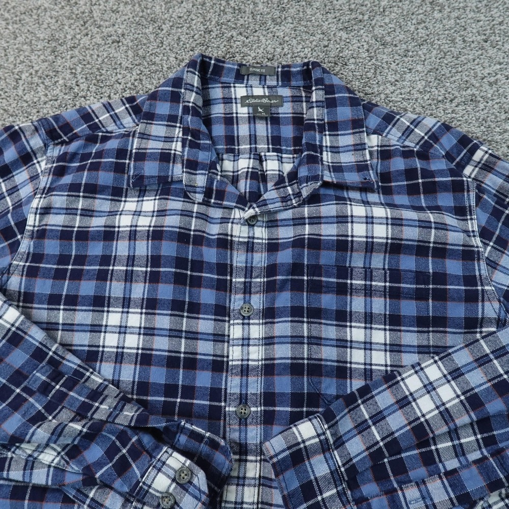 Eddie Bauer Shirt Mens XL Blue Plaid Flannel Button Up Outdoor Casual Hiking Top